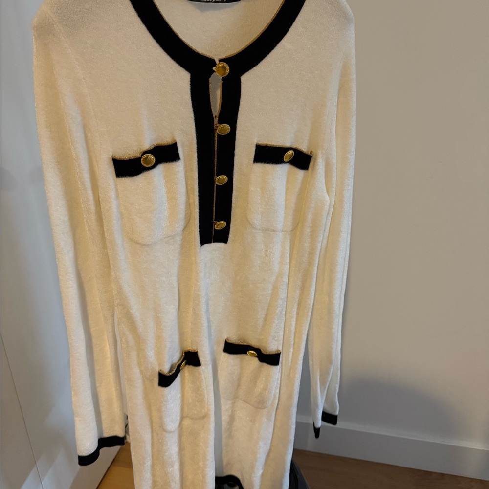 Chanel style Chic Cream and Black Cardigan with Gold Accents